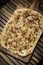 Flammkuchen tarte flambee rectangular pizza with bacon and chicken