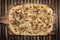 Flammkuchen tarte flambee rectangular pizza with bacon and chicken