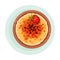 Flan Pudding Garnished with Strawberry as Spanish Cuisine Dessert Served on Plate Vector Illustration
