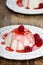 Flan with raspberry sauce and fresh fruits