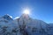 Flare over nuptse summit beside of everest