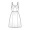 Flared dress technical fashion illustration with bustier, sleeveless, fitted body, knee length ruffle skirt. Flat