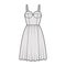 Flared dress technical fashion illustration with bustier, sleeveless, fitted body, knee length ruffle skirt. Flat