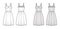 Flared dress technical fashion illustration with bustier, sleeveless, fitted body, knee length ruffle skirt. Flat