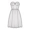 Flared dress technical fashion illustration with bustier, sleeveless, strapless, fitted body, knee length ruffle skirt.