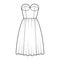 Flared dress technical fashion illustration with bustier, sleeveless, strapless, fitted body, knee length ruffle skirt.