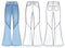 Flared Jeans Pants technical fashion illustration, blue design.