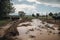 flash flood in farm field, with crops washed away and livestock running for safety