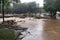 flash flood overtaking city park, with debris and cars floating in the water