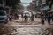 flash flood rushes through a busy street, with people rushing to escape the rising water