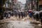 flash flood rushes through a busy street, with people rushing to escape the rising water