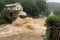 flash flood rushes over bridge and into valley, with houses and roads visible