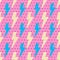 Flash lightning seamless pattern on pink background with polka dot. Retro cartoon style. Blue and yellow thunderbolts