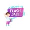 Flash Sale, School Discount Banner, Studying Supplies Clearance Promo Poster with Cute Cartoon Boy Student Holding Books