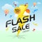 Flash Sale with thunder, hot air balloon promotional bussiness discount banner promotion template with yellow thunder storm, hot a