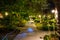 Flashlight beam, Freezelight at night on empty footpath through the village in the jungle forest. Lots of greenery, wooden houses