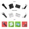 Flashlight, newspaper with news, certificate, folding knife.Detective set collection icons in black, flat, monochrome