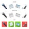 Flashlight, newspaper with news, certificate, folding knife.Detective set collection icons in cartoon,flat,monochrome