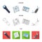 Flashlight, newspaper with news, certificate, folding knife.Detective set collection icons in cartoon,outline,flat style