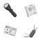 Flashlight, newspaper with news, certificate, folding knife.Detective set collection icons in monocrome style vector