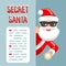 Flashlight secret santa claus peeking out corner cartoon character flat design poster isolated vector illustration