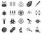 Flask, magnifier. Bioengineering glyph icons set. Biotechnology for health, researching, materials creating. Molecular biology,