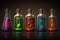 Flasks with colored chemical liquid. Generative ai