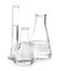 Flasks with liquid on white background . Laboratory analysis equipment