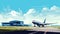 Flat 2D illustration, copy space, Airport Terminal building with aircraft taking off. Vector illustration, airport landscape