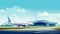 Flat 2D illustration, copy space, Airport Terminal building with aircraft taking off. Vector illustration, airport landscape.