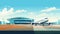 Flat 2D illustration, copy space, Airport Terminal building with aircraft taking off. Vector illustration, airport landscape