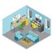 Flat 3d isometric abstract office floor interior departments concept vector.