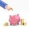 Flat 3d isometric businessman hand putting dollar coin into piggy bank. Financial and money saving concept.