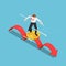 Flat 3d Isometric Businessman using Golden Coin as a Surfboard Surfing on Red Arrow