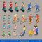 Flat 3d isometric city pedestrians on wheel transport icon set