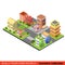 Flat 3d isometric city street cross building block infographic