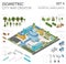 Flat 3d isometric clinic complex and city map constructor elements such as building, hospital, ambulance, pharmacy, garden