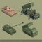 Flat 3d isometric high quality military vehicles icon set