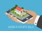 Flat 3d isometric real estate infographic: smartphone house sale