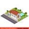 Flat 3d isometric suburb house garage backyard pool