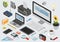 Flat 3d isometric technology workspace infographic icon set