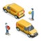 Flat 3d moving delivery isometric man service car