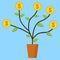 Flat, abstract growing investment illustration. Potted money/coin plant