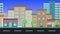 Flat animation of city background, front view of modern architectural buildings and road