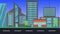 Flat animation of city background, front view of modern architectural buildings and road