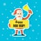 Flat art sticker illustration of a cartoon Santa Claus with a congratulatory poster Happy New Year