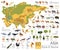 Flat Asian flora and fauna map constructor elements. Animals, bi