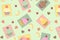 Flat assorted cupcakes pattern. Strawberry, chocolate lemon mint taste with frosting. Yellow turquoise pink brown pastel