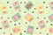 Flat assorted cupcakes pattern. Strawberry, chocolate lemon mint taste with frosting. Yellow turquoise pink brown pastel