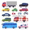 Flat auto transport. City road car, bicycle and motorcycle. Ambulance car, fire engine and town transporter bus isolated